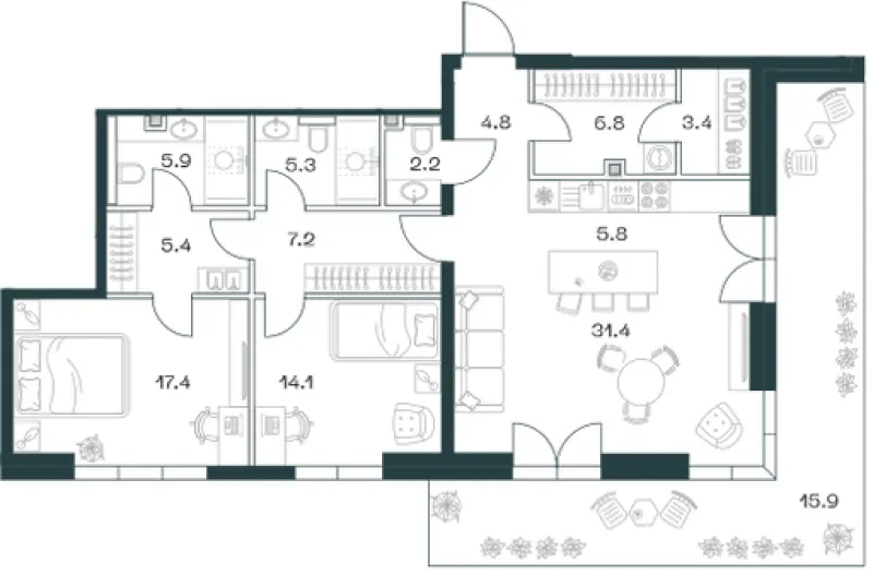 3-комн. 125.8 м²