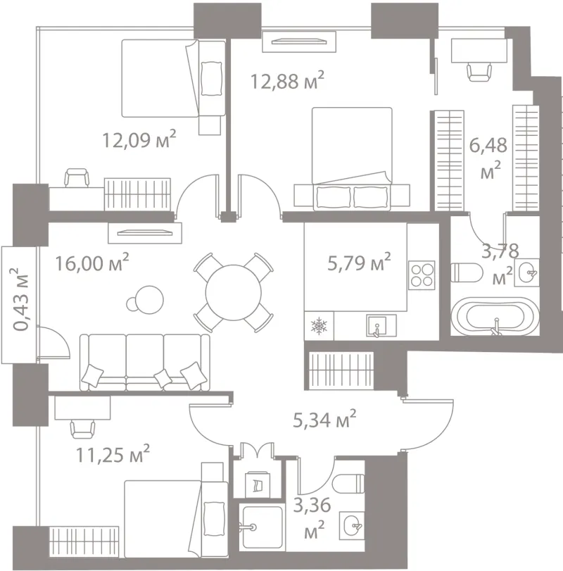 3-комн. 77.4 м²