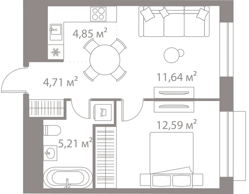 1-комн. 39 м²